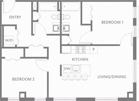 Floor plan for 2 beds, 2 baths, 1024 sqft